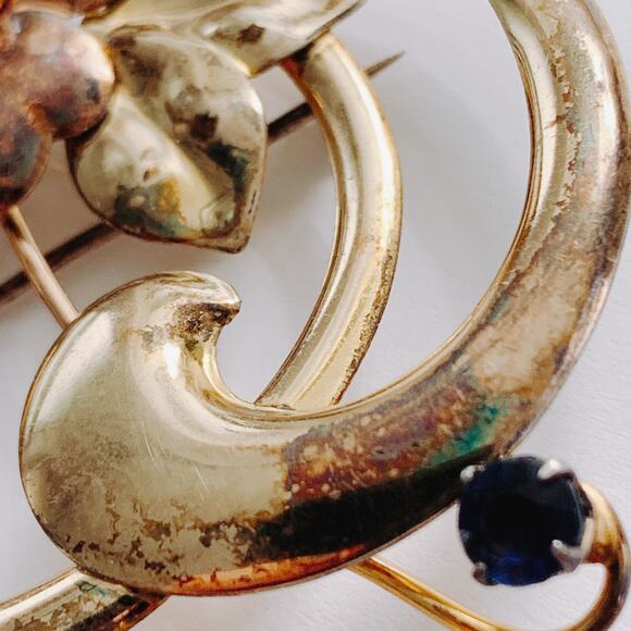 VTG Signed Harry Iskin Mid Century Gold Filled Floral Brooch Blue Rhinestone 40s - Picture 5 of 15